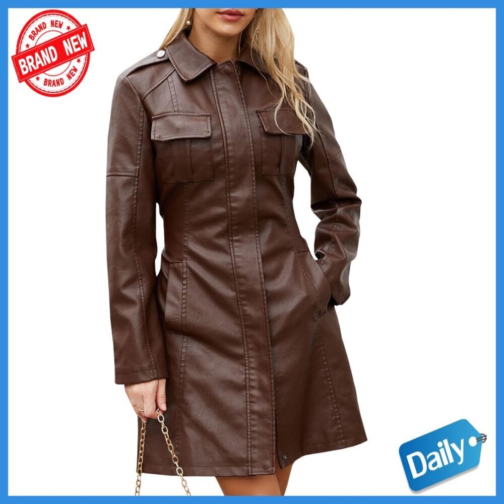Faux Leather Trench Coat with Belt, Mid-Length, Zipper Closure, Long Sleeve